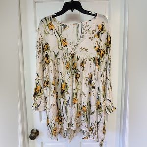 Free People Floral Babydoll Tunic Top - Yellow & Green on Cream
